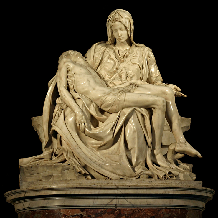 Рис 3. Пьета (Микеланджело, 1499):  в традиционном религиозном сюжете на первый план вынесены  простые человеческие чувства – материнская любовь и скорбь